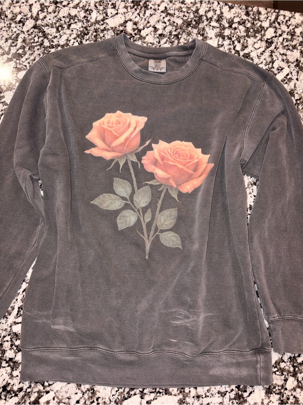 Vintage-Style Charcoal Sweatshirt - Faded Roses With Thorns Garment Dyed